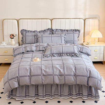 91家纺网 家纺一手货源 找家纺 （总）爱妮玖玖家纺 2024新款小蕾丝系列全棉单层床裙配双针被套四件套