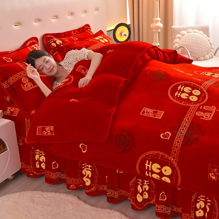 91家纺网 家纺一手货源 找家纺 静缘分 2025新款230克特厚8.5斤牛奶绒金貂绒床裙款保暖四件套-天赐良缘