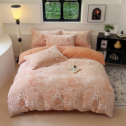 91家纺网 家纺一手货源 找家纺 新印象 2025新款高克重牛奶绒烂花四件套雕花绒四件套圣诞鹿-橙