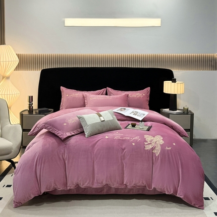 富之航 2024新款宝宝绒刺绣四件套 邂逅-蔷薇粉