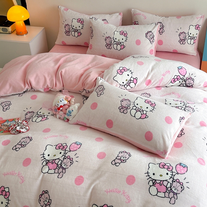 91家纺网 家纺一手货源 找家纺 2024新款三丽鸥高克重牛奶绒四件套 泡泡KT猫