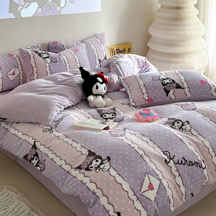 91家纺网 家纺一手货源 找家纺 2024新款三丽鸥高克重牛奶绒四件套 安睡库洛米