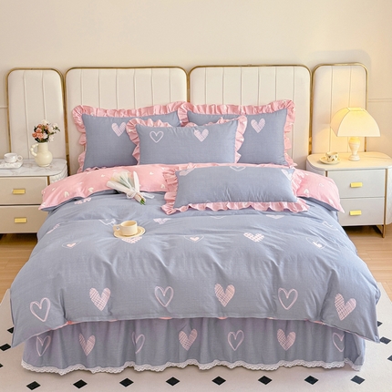 91家纺网 家纺一手货源 找家纺 （总）爱妮玖玖家纺 2024新款小蕾丝系列全棉单层床裙配双针被套四件套