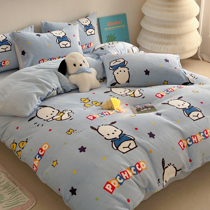 91家纺网 家纺一手货源 找家纺 2024新款三丽鸥高克重牛奶绒四件套 活力帕恰狗