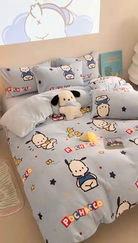 91家纺网 家纺一手货源 找家纺 2024新款三丽鸥高克重牛奶绒四件套 活力帕恰狗