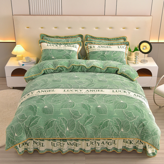 91家纺网 家纺一手货源 找家纺 静缘分 2025新款230克特厚8.5斤牛奶绒金貂绒床裙款保暖四件套-一叶知秋