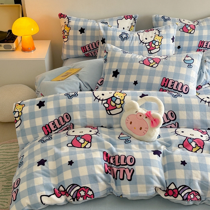 91家纺网 家纺一手货源 找家纺 2024新款三丽鸥高克重牛奶绒四件套 幸运星KT猫