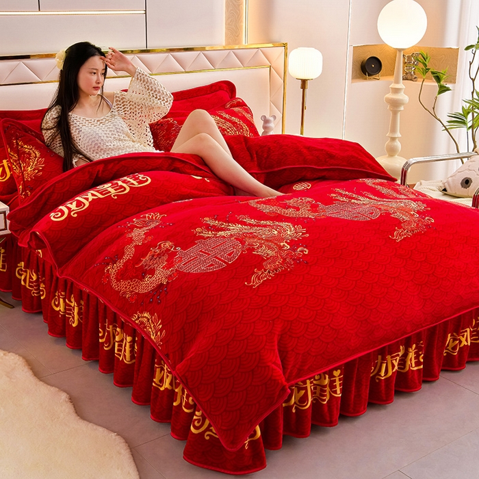 91家纺网 家纺一手货源 找家纺 绒品荟家纺 2025新款牛奶绒四件套 龙凤呈祥