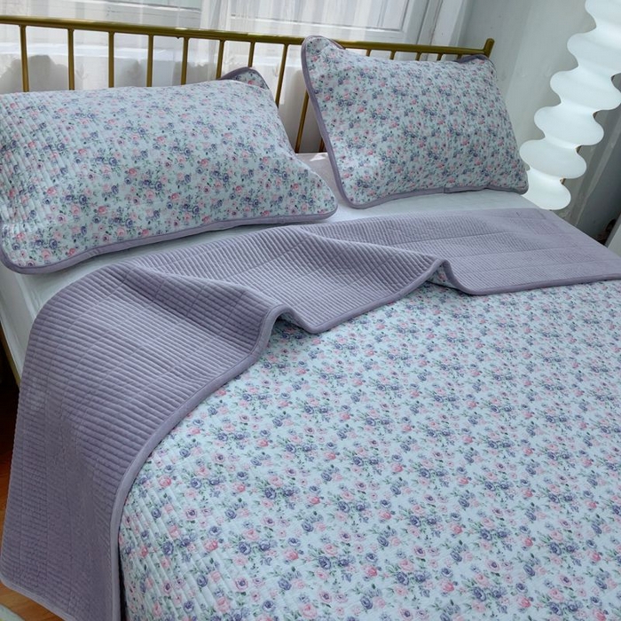 91家纺网 家纺一手货源 找家纺 2024新款棉加绒双面两用四季款床盖三件套 紫町花