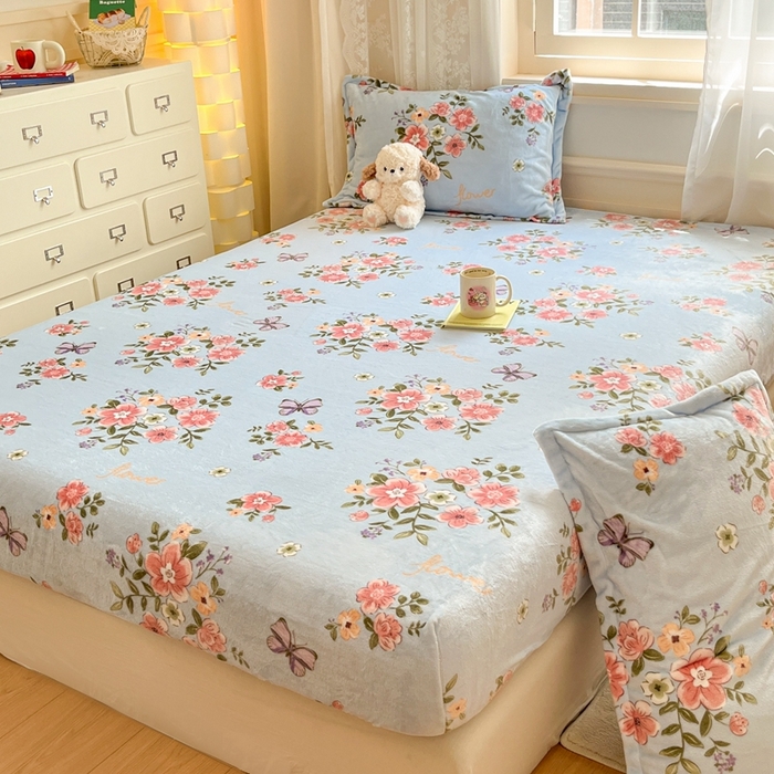 91家纺网 家纺一手货源 找家纺 川悦生活 2024新款加厚牛奶绒印花单床笠 床笠椿来花暖