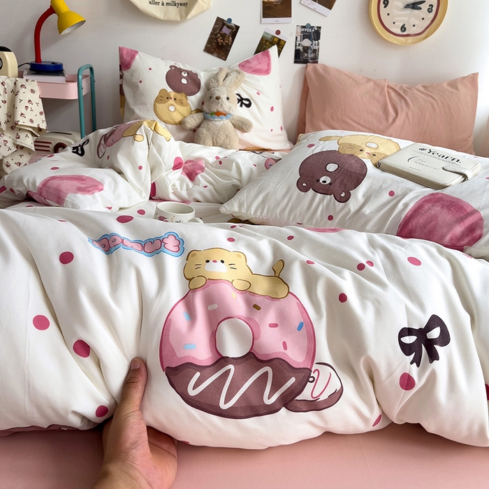 91家纺网 家纺一手货源 找家纺 星巴k家纺 2024新款A类超柔水洗棉印花四件套 微笑甜甜圈