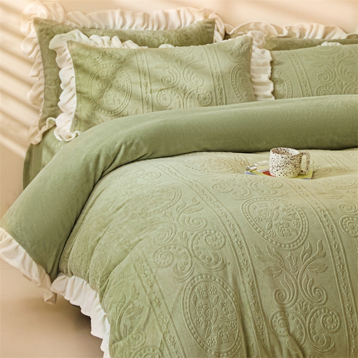 91家纺网 家纺一手货源 找家纺 2024新保暖-秋冬A类韩版婴肤绒提花四件套-玛丽夫人系列 玛丽夫人-橄榄绿