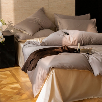 云栖家居 2024A类全棉纯色拼色四件套 烟灰-奶霜