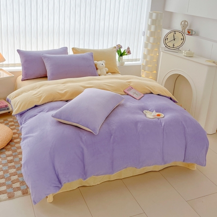 言熙居 2024新款纯色双拼30克8一9斤牛奶绒四件套 浅紫拼奶黄