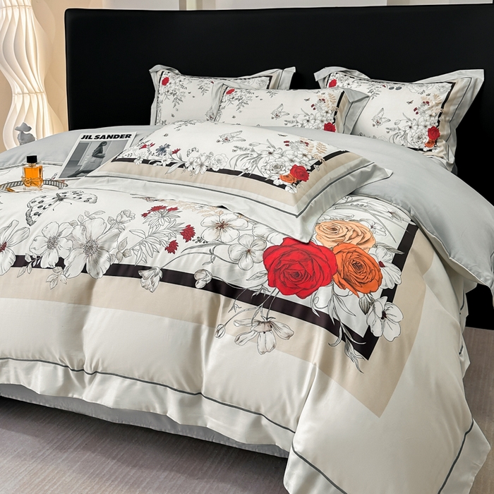 91家纺网 家纺一手货源 找家纺 舒慕 2025新款阳绒天丝棉磨毛数码印花缇芙绒四件套 樱花雨洛