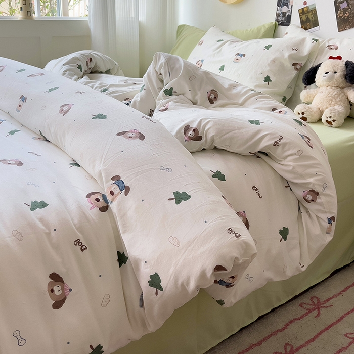 91家纺网 家纺一手货源 找家纺 星巴k家纺 2024新款A类超柔水洗棉印花四件套 森林小狗