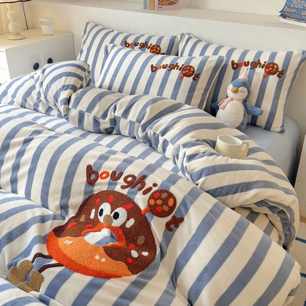 丝羽坊 2024新款A类牛奶绒毛巾绣四件套-曲奇 曲奇-蓝