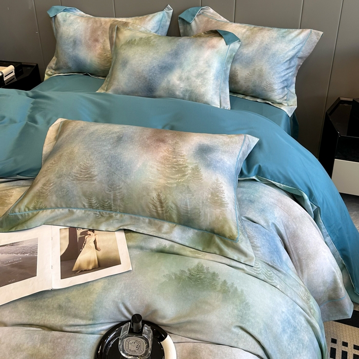 91家纺网 家纺一手货源 找家纺 舒慕 2025新款阳绒天丝棉磨毛数码印花缇芙绒四件套 迷雾