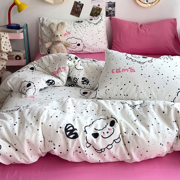 91家纺网 家纺一手货源 找家纺 星巴k家纺 2024新款A类超柔水洗棉印花四件套 小羊咩咩