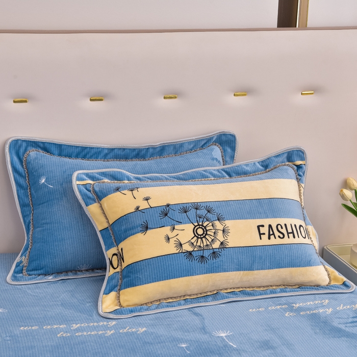 91家纺网 家纺一手货源 找家纺 晚静家纺 2024新款8.5斤牛奶绒金貂法莱绒床裙款保暖绒四件套 蓝色蒲公英