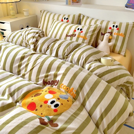 丝羽坊 2024新款A类牛奶绒毛巾绣四件套-曲奇 曲奇-绿