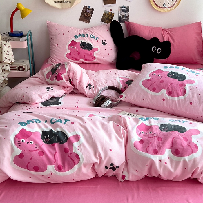 91家纺网 家纺一手货源 找家纺 星巴k家纺 2024新款A类超柔水洗棉印花四件套 小猫超人