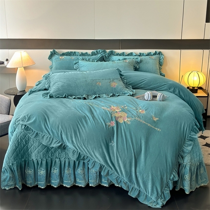 91家纺网 家纺一手货源 找家纺 2024新品A类依恋宝宝绒韩版四件套 浅灰蓝