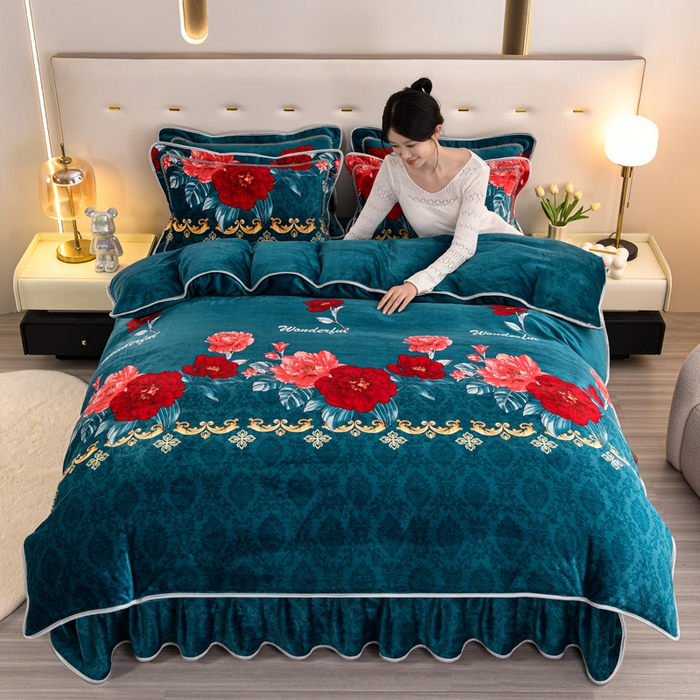 91家纺网 家纺一手货源 找家纺 晚静家纺 2024新款8.5斤牛奶绒金貂法莱绒床裙款保暖绒四件套 富贵花开