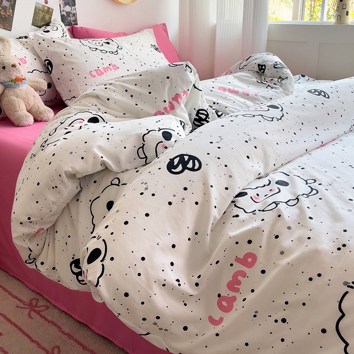 91家纺网 家纺一手货源 找家纺 星巴k家纺 2024新款A类超柔水洗棉印花四件套 小羊咩咩