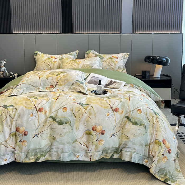 91家纺网 家纺一手货源 找家纺 舒慕 2025新款阳绒天丝棉磨毛数码印花缇芙绒四件套 盛夏果实