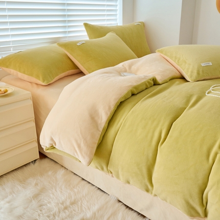 晨曦 2024秋冬新品ins简约风牛奶绒双拼四件套 香柠果绿黄