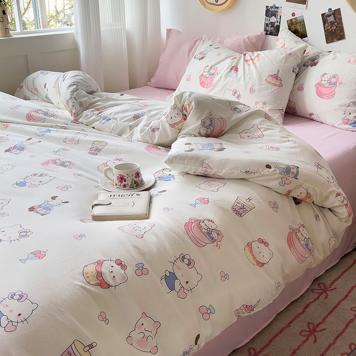 91家纺网 家纺一手货源 找家纺 星巴k家纺 2024新款A类超柔水洗棉印花四件套 奶猫