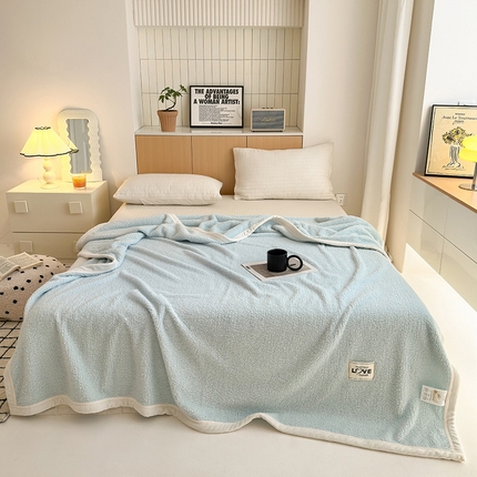 91家纺网 家纺一手货源 找家纺 沐棉 2024新款牛奶绒菠萝格包边羊羔绒泰迪绒毛毯-静物图 湖蓝色