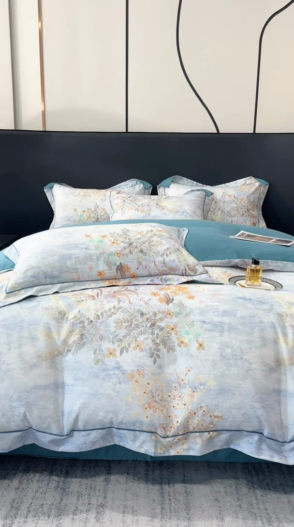 91家纺网 家纺一手货源 找家纺 舒慕 2025新款阳绒天丝棉磨毛数码印花缇芙绒四件套 微风知晓