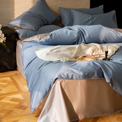 云栖家居 2024A类全棉纯色拼色四件套 鲸鱼蓝-冬日灰