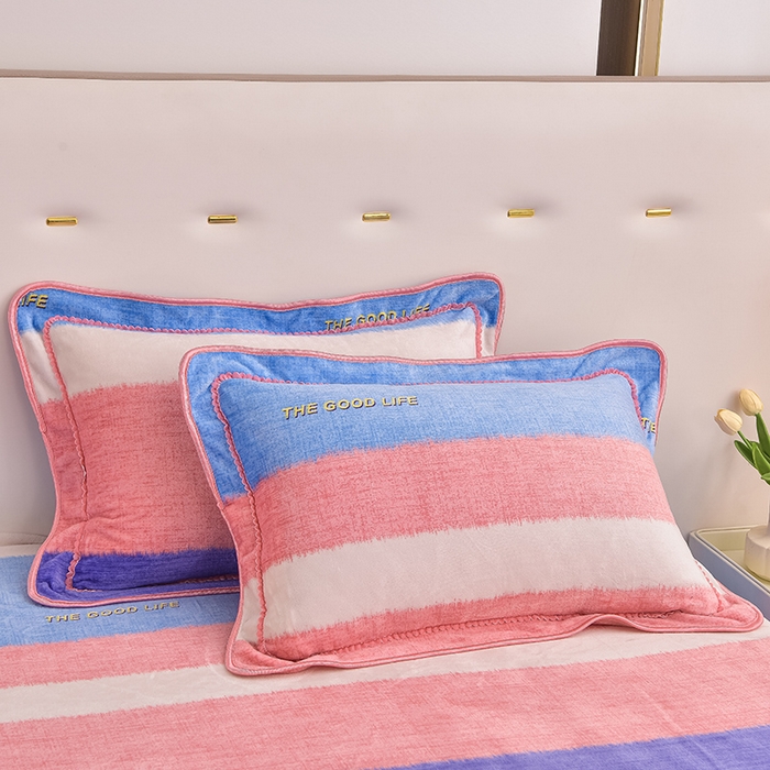 91家纺网 家纺一手货源 找家纺 晚静家纺 2024新款8.5斤牛奶绒金貂法莱绒床裙款保暖绒四件套 彩色条纹