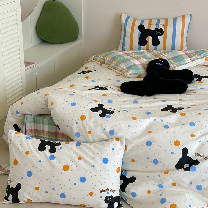 91家纺网 家纺一手货源 找家纺 2024新款40支13372全棉数码大版趣味系列四件套 波点黑猫