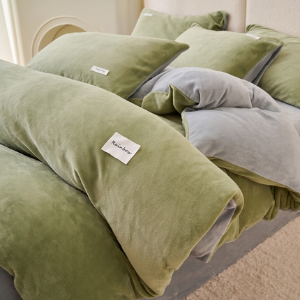 晨曦 2024秋冬新品ins简约风牛奶绒双拼四件套 浅绿+浅灰