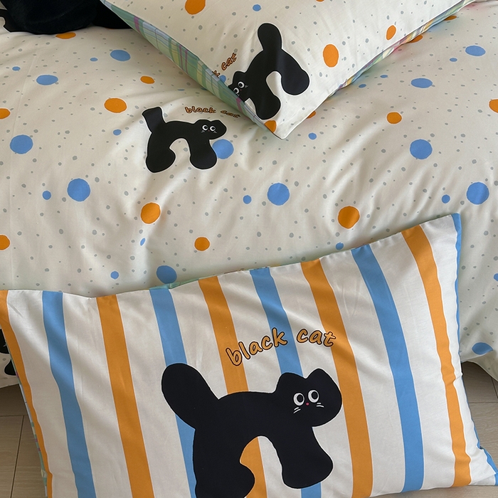 91家纺网 家纺一手货源 找家纺 2024新款40支13372全棉数码大版趣味系列四件套 波点黑猫