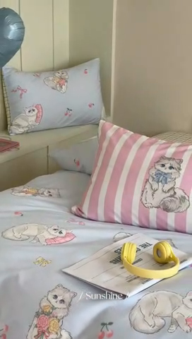 91家纺网 家纺一手货源 找家纺 2024新款40支13372全棉数码大版趣味系列四件套 猫小团