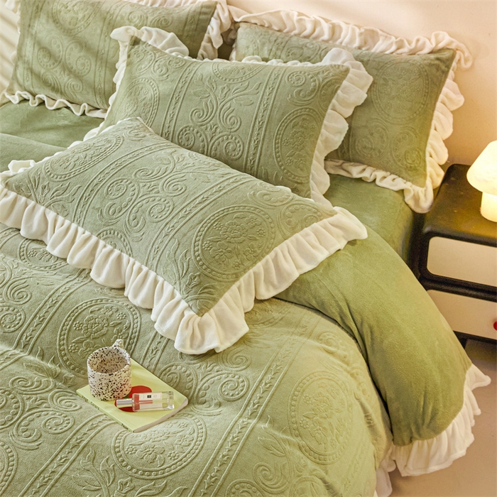91家纺网 家纺一手货源 找家纺 2024新保暖-秋冬A类韩版婴肤绒提花四件套-玛丽夫人系列 玛丽夫人-橄榄绿
