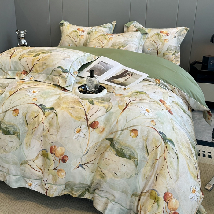 91家纺网 家纺一手货源 找家纺 舒慕 2025新款阳绒天丝棉磨毛数码印花缇芙绒四件套 盛夏果实