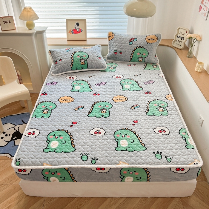 91家纺网 家纺一手货源 找家纺 孩子王 2024新款印花牛奶绒薄款床垫加厚绒保暖床护垫床笠 床笠款-萌萌恐龙