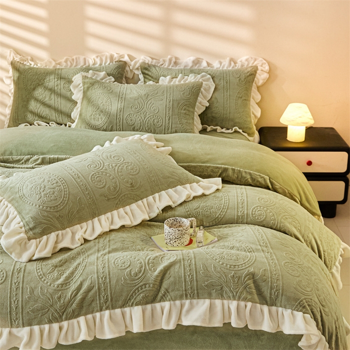 91家纺网 家纺一手货源 找家纺 2024新保暖-秋冬A类韩版婴肤绒提花四件套-玛丽夫人系列 玛丽夫人-橄榄绿