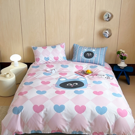 2024新款40S设计师款全棉大版趣味印花系列四件套 爱心猫