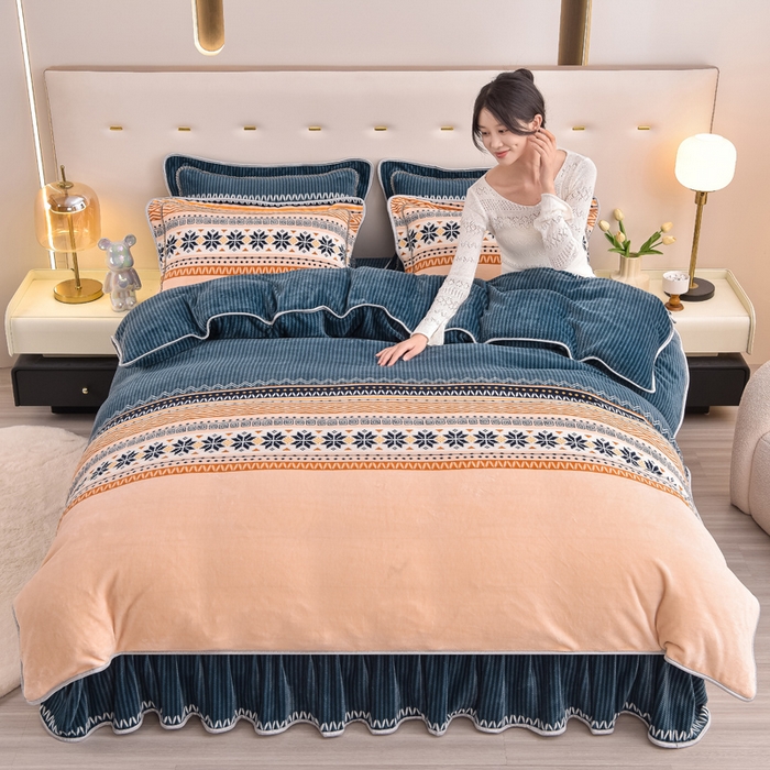 91家纺网 家纺一手货源 找家纺 晚静家纺 2024新款8.5斤牛奶绒金貂法莱绒床裙款保暖绒四件套 北欧海岸