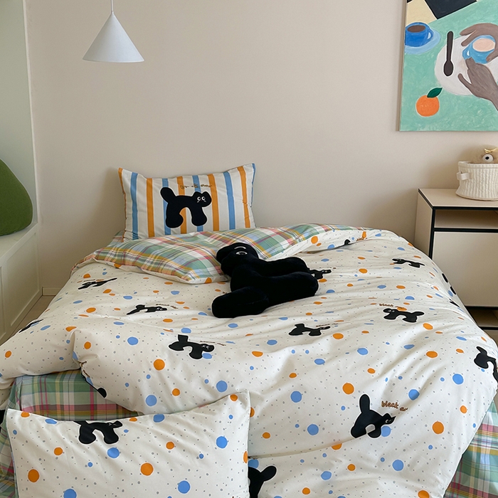 91家纺网 家纺一手货源 找家纺 2024新款40支13372全棉数码大版趣味系列四件套 波点黑猫