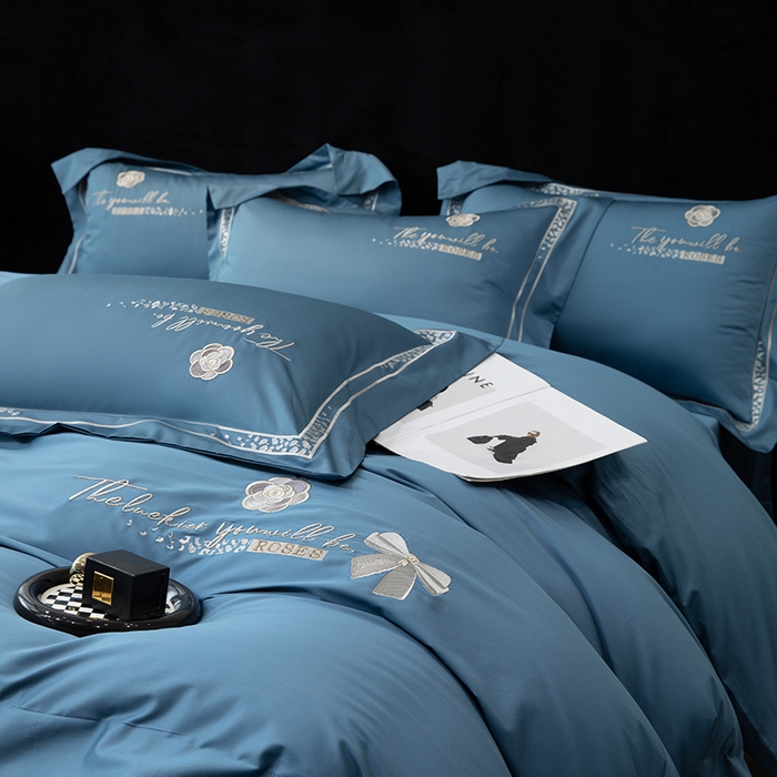 91家纺网 家纺一手货源 找家纺 绒博士 2024新款160支长绒棉四件套-巴黎之约 星耀蓝