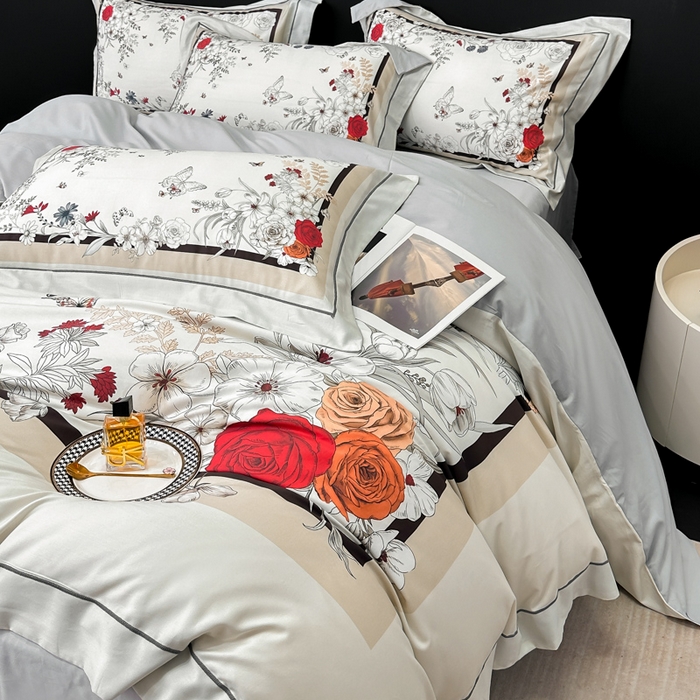 91家纺网 家纺一手货源 找家纺 舒慕 2025新款阳绒天丝棉磨毛数码印花缇芙绒四件套 樱花雨洛