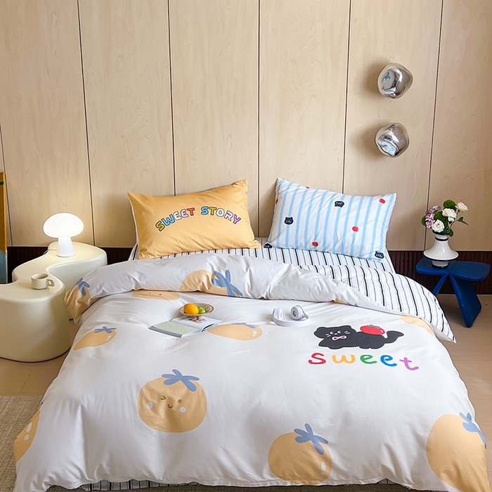 91家纺网 家纺一手货源 找家纺 2024新款40S设计师款全棉大版趣味印花系列四件套 小番茄